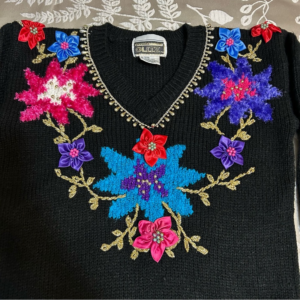 Anytime Glitz Ugly Sweater Womens S/M Embellished Flowers Glitter Fancy 80s